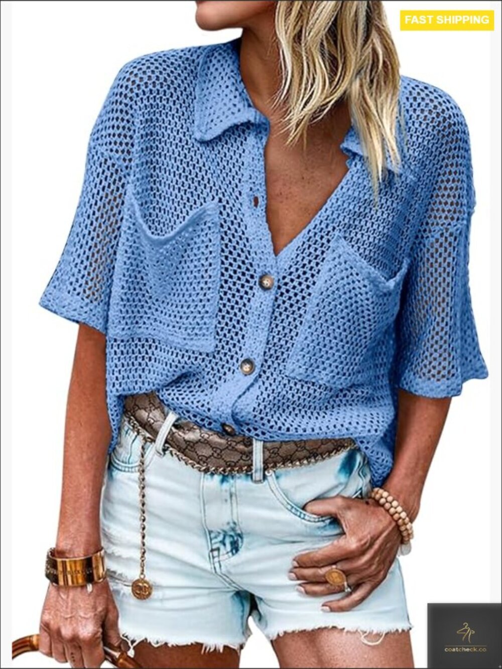 Crochet Lightweight Cardigan Short Sleeve Button Down Collared Cover Up Loose